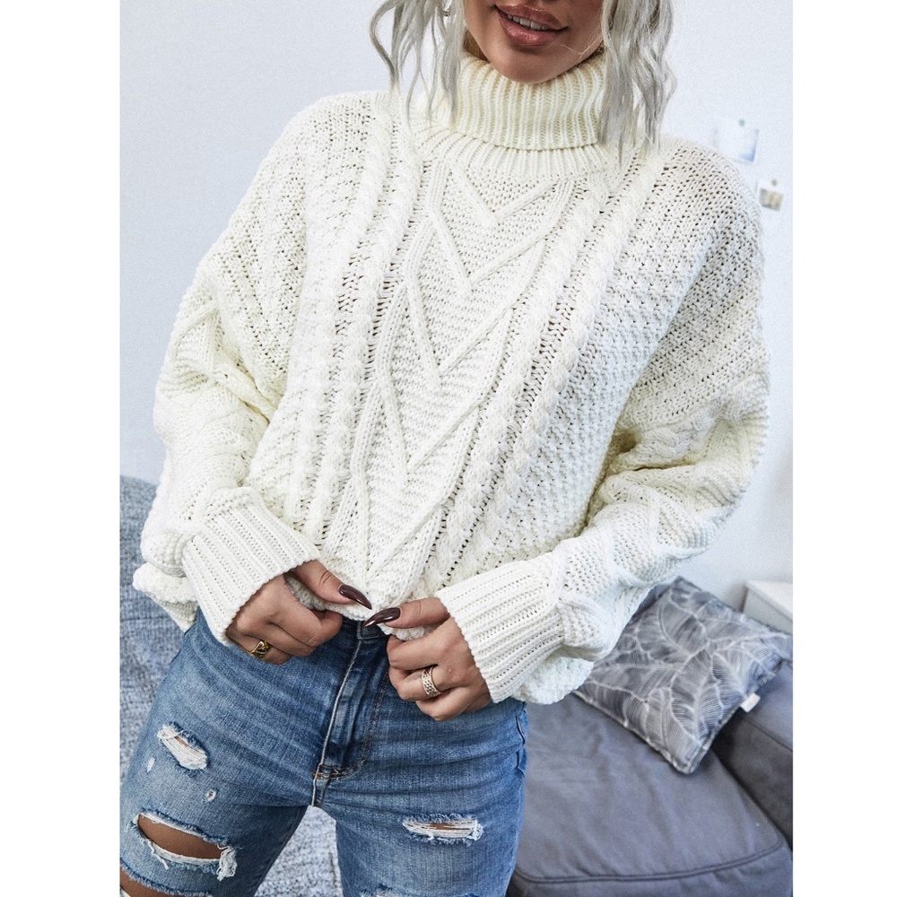 Off White Cable Knit Turtleneck Sweater - Picture 5 of 10